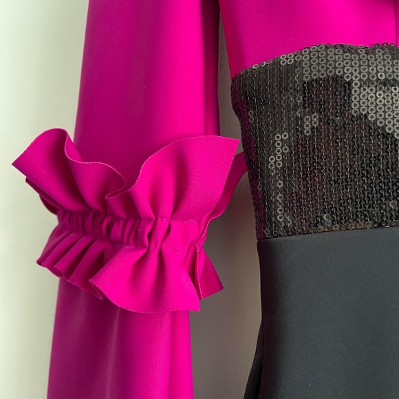 GRETA CONSTANTINE RARE APPLIQUE RUFFLE SEQUIN KNEE LENGTH V-NECK DRESS MARKLE - Picture 10 of 16